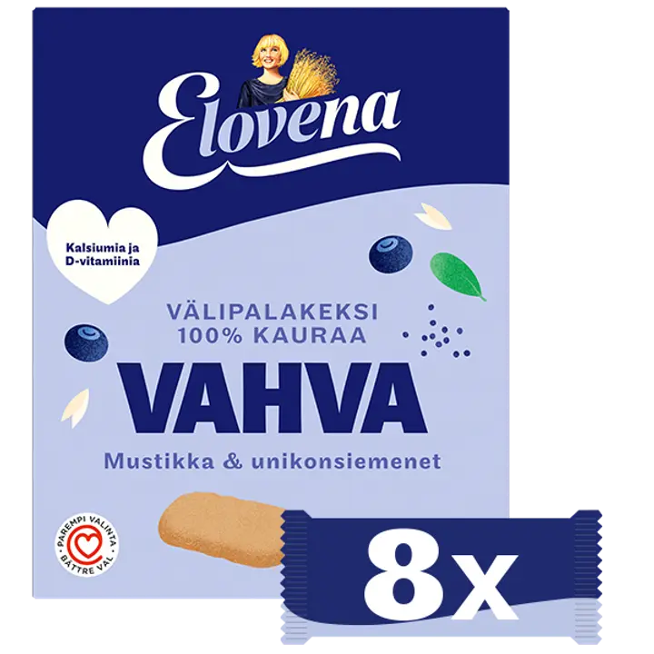 Elovena 8x30g vahva mustikka & unikonsiemenet täysjyvävälipalakeksi
