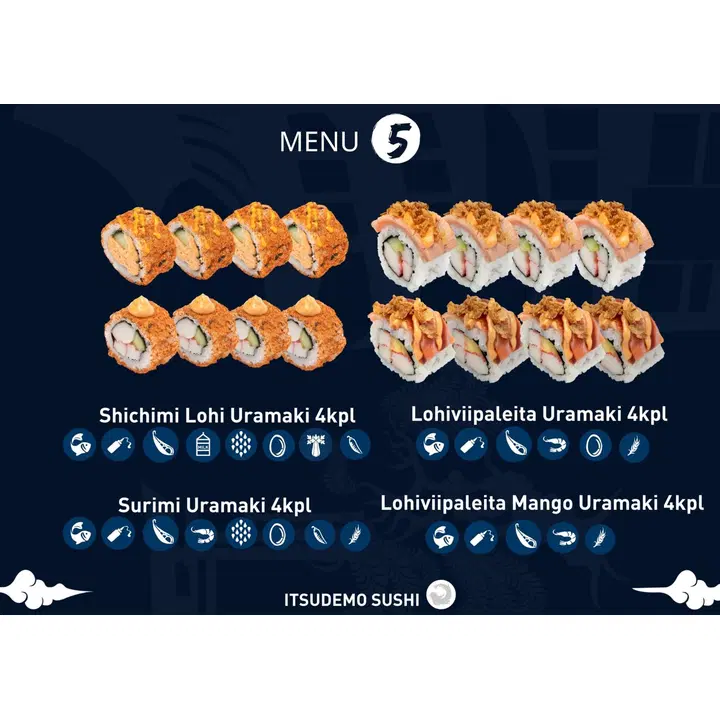 Itsudemo Sushibar sushi box, 4*lohiviipaleita mango uramaki, 4*lohiviipaleita uramaki, 4* shichimi lohi uramaki, 4*surimi uramaki