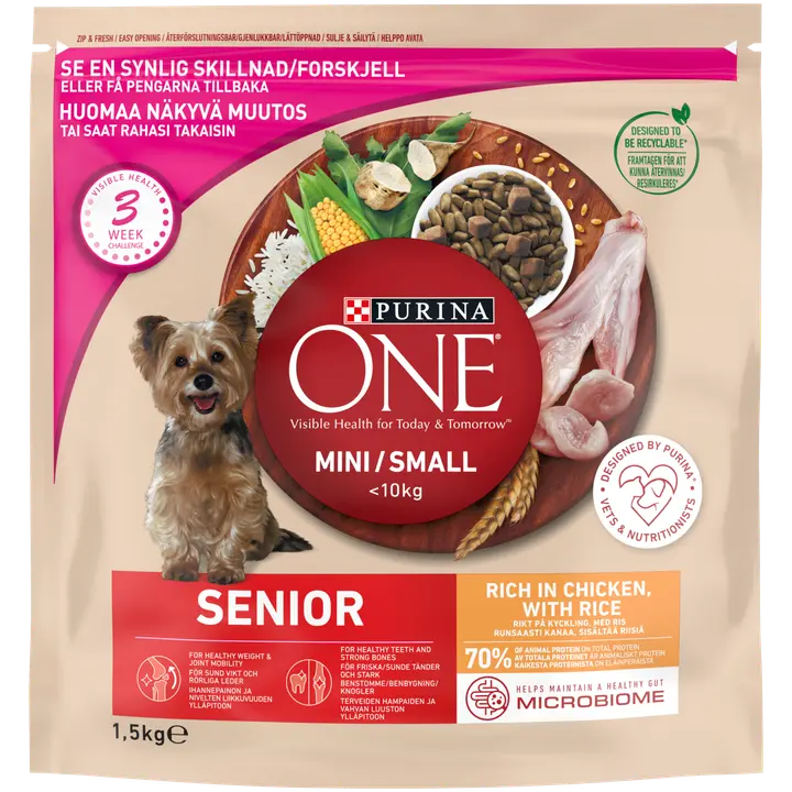 Purina ONE 1,5kg Small Dog < 10 kg Senior 8+, Runsaasti kanaa, Sisältää Riisiä koiranruoka