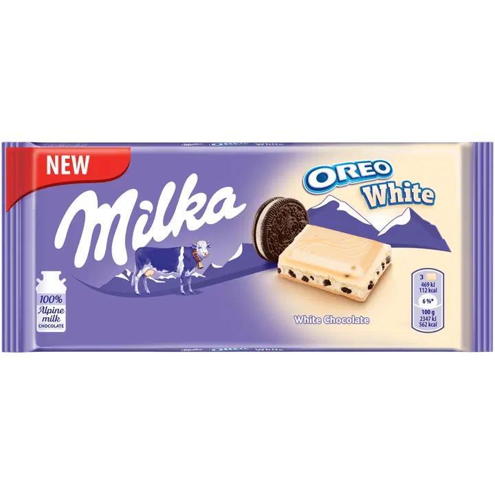 Milka valge šokolaad Oreo tükkidega 100g