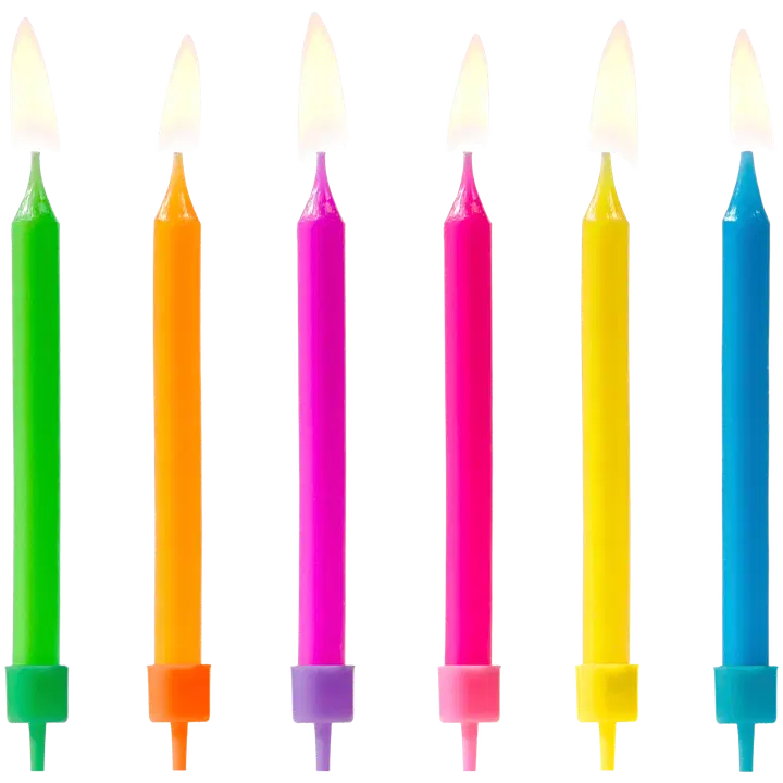 Kakkukynttilät neonväriset, 6 värin sekoitus, koko n. 6,5 cm, setti sisältää 6 kynttilää ja 6 pidikettä.