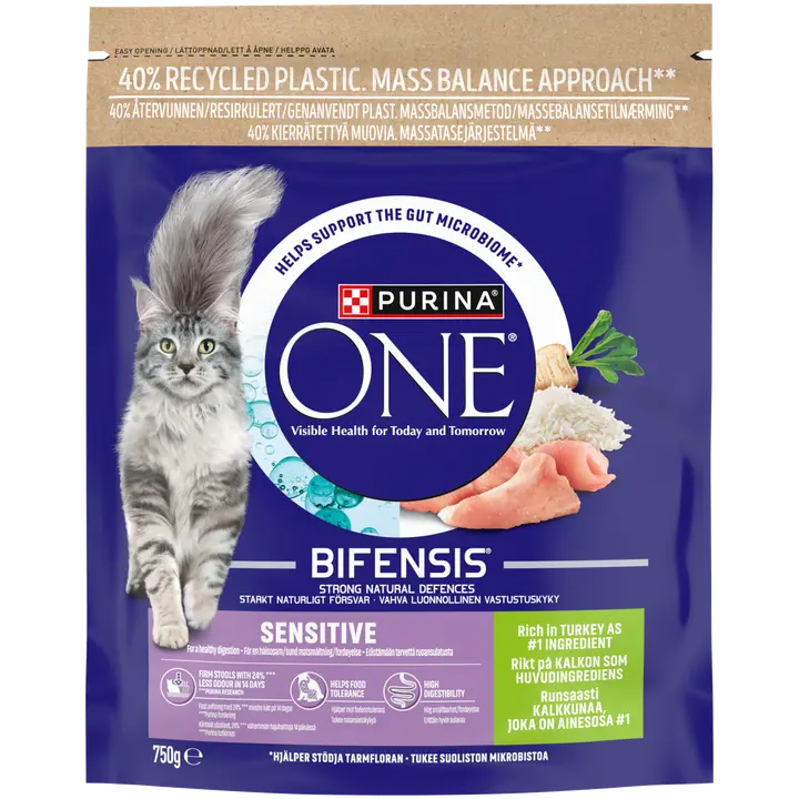 Purina ONE 750g sensitive, sisältää runsaasti kalkkunaa kissanruoka