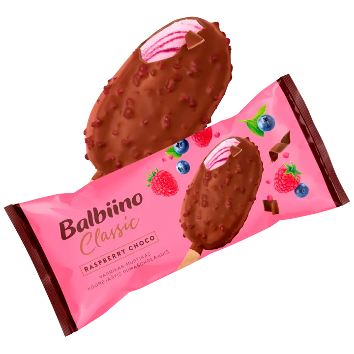 CLASSIC Vaarika-koorejäätis mustika-vaarikalisandi ja vaarikatükkidega piimašokolaadiglasuuris 100ml/69g