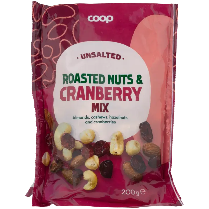 Coop paahdettu pähkinä- ja karpalosekoitus 200g suolaamaton
