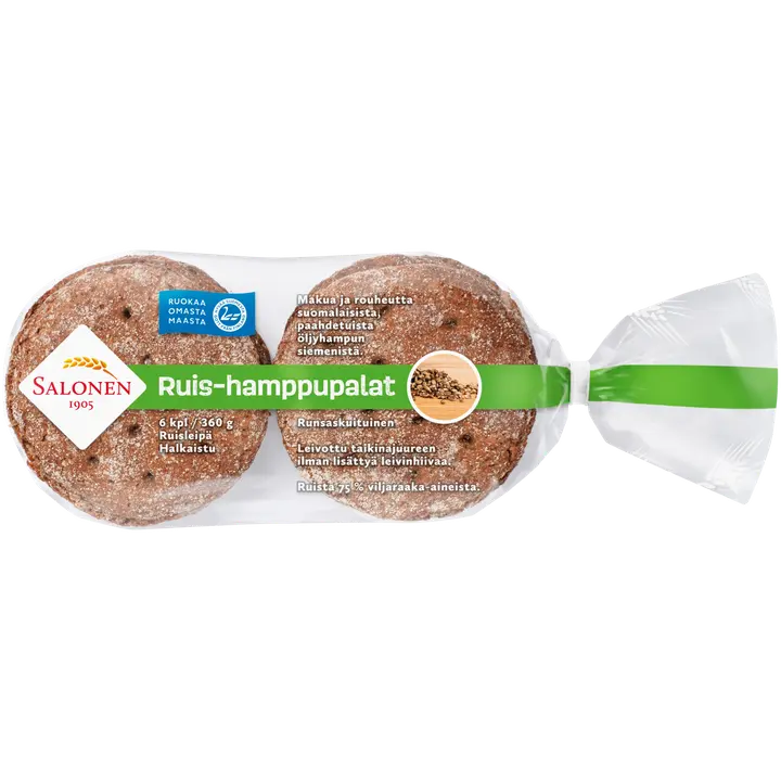 Leipomo Salonen Ruis-hamppupalat 6/360 g ruisleipä, halkaistu