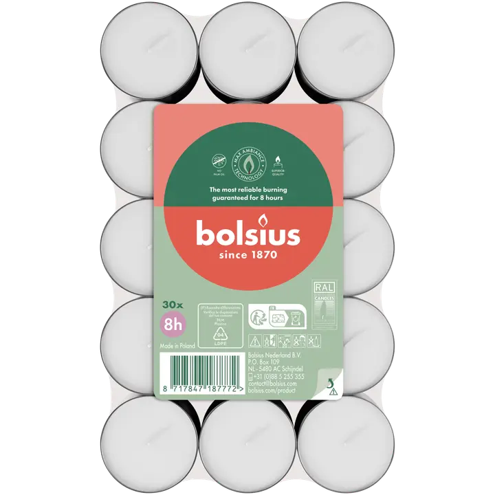 Bolsius – lämpökynttilät – 8 tunnin paloaika – 30 kpl/pakkaus