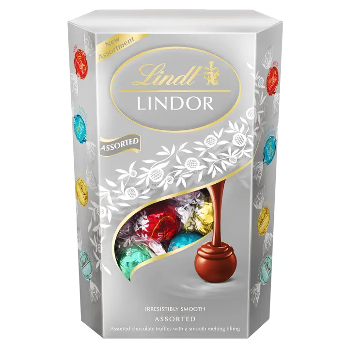 Lindt LINDOR Sekoitus suklaakuulat, sisältää maito-, valko-, kookos- ja karamelli-merisuola suklaakuulia pehmeällä täytteellä 337g