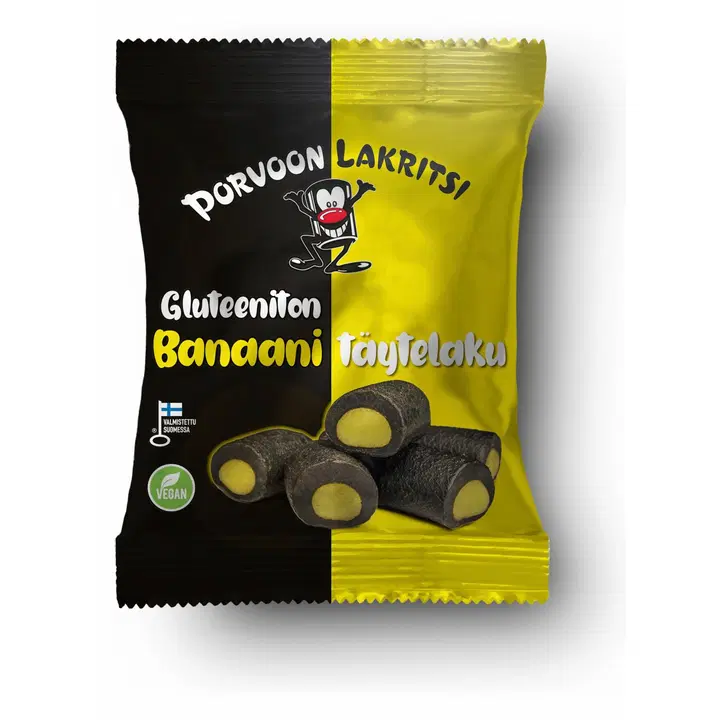 Porvoon Lakritsi Gluteeniton täytelakritsi banaani150g banaaninmakuinen täytelakritsi