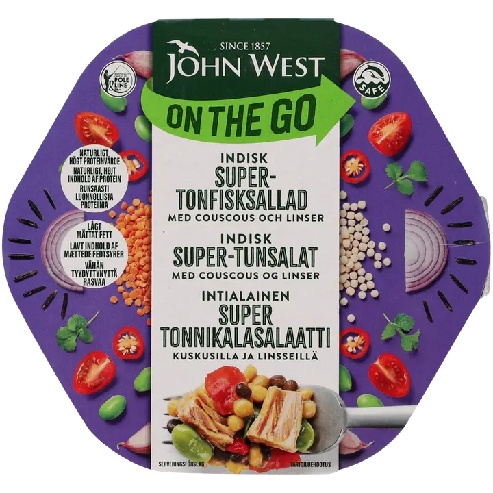 John West On The Go Intialainen super tonnikalasalaatti kuskusilla ja linsseillä 220g
