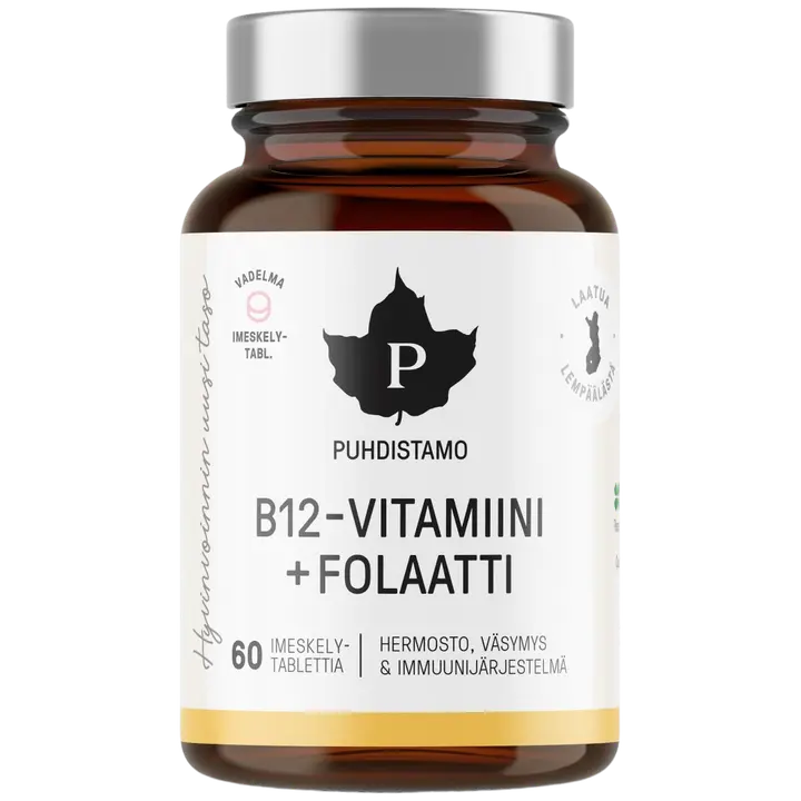 Puhdistamo B12-vitamiini + Folaatti Vadelma 60 tablettia
