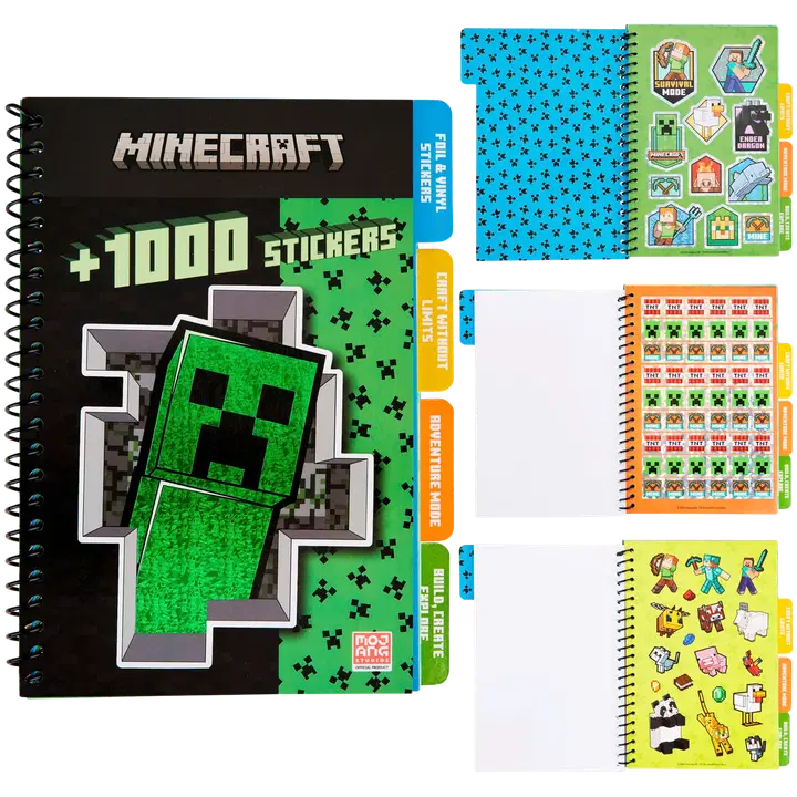 Minecraft tarrakirja, yli 1000 tarraa, sis. 4 jakajaa, 28 tarra-arkkia, 5 tarra keräily sivua
