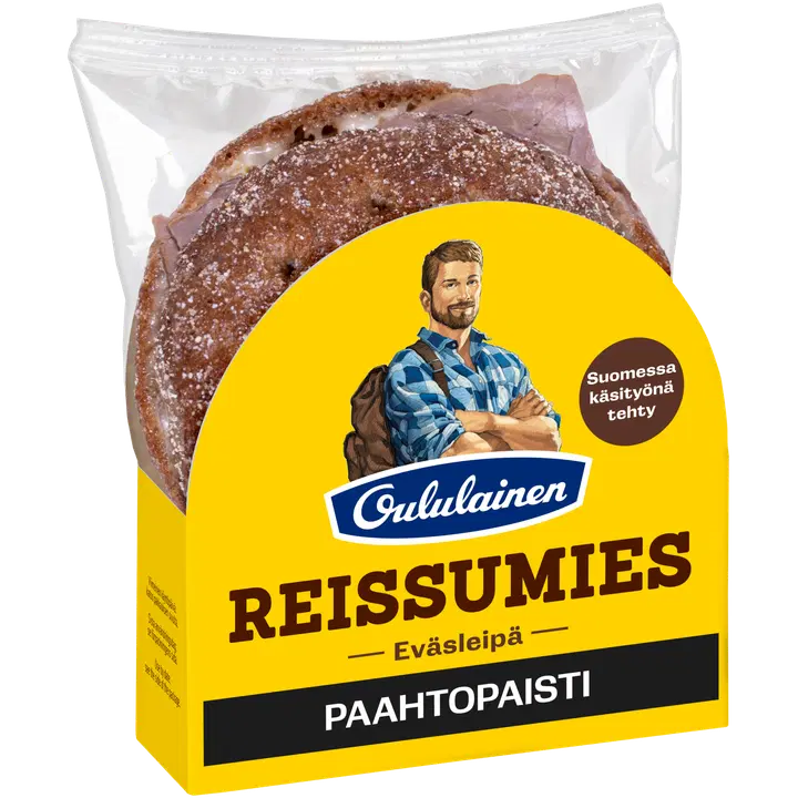 Oululainen Reissumies Eväsleipä Paahtopaisti 130g, täytetty täysjyväruisleipä paahtopaisti-pikkelöity punasipuli-BBQ-majoneesi