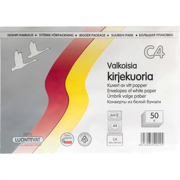 Luontevat kirjekuori C4 50 kpl valkoinen tarrasuljenta