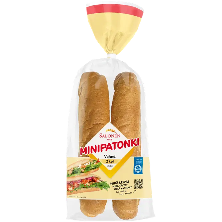 Leipomo Salonen Minipatonki vehnä 2/260 g vehnäleipä, halkaistu