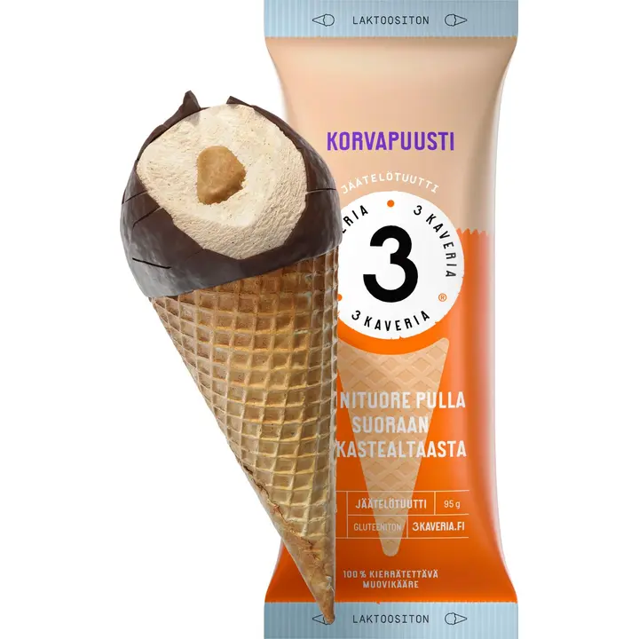 3 Kaveria Laktoositon Korvapuusti jäätelötuutti 150ml/95g