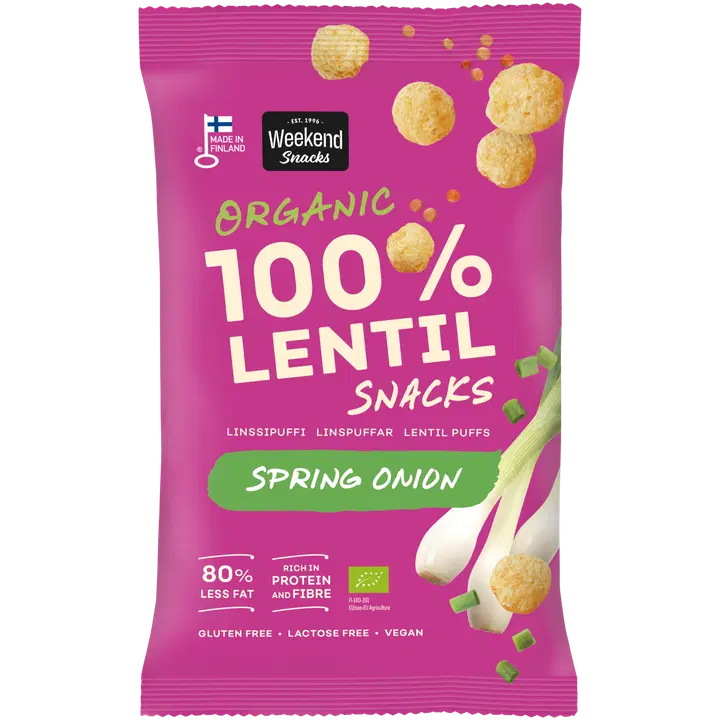 Weekend Snacks Kevätsipulinmakuinen puffattu luomu linssisnacks 45g