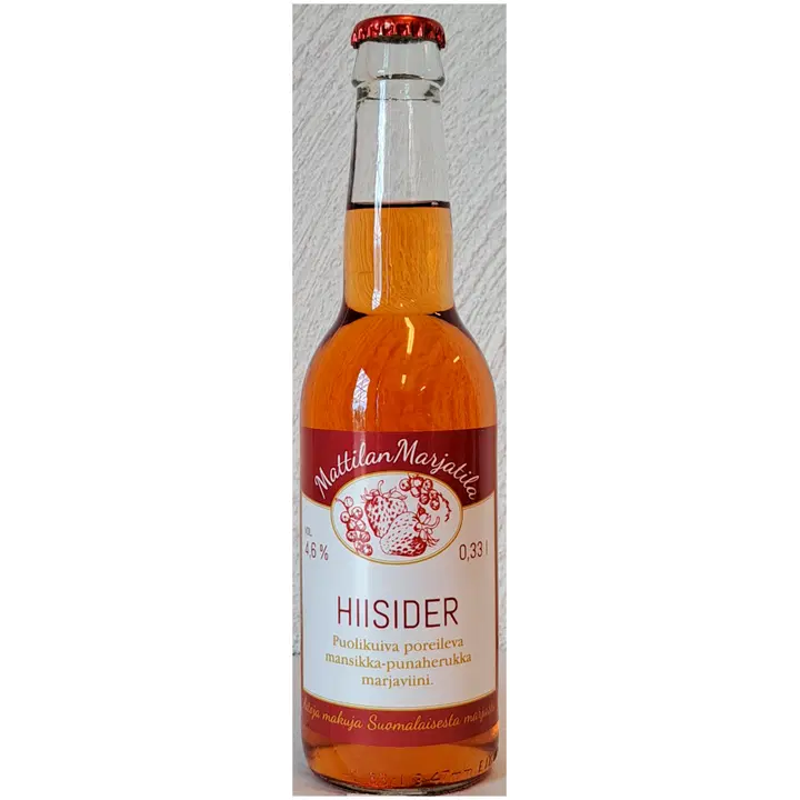 Hiisider. Mieto helmeilevä mansikka-punaherukka alkoholijuoma 0,33 l. Mattilan Marjatila. Valmistettu Suomalaisista marjoista.