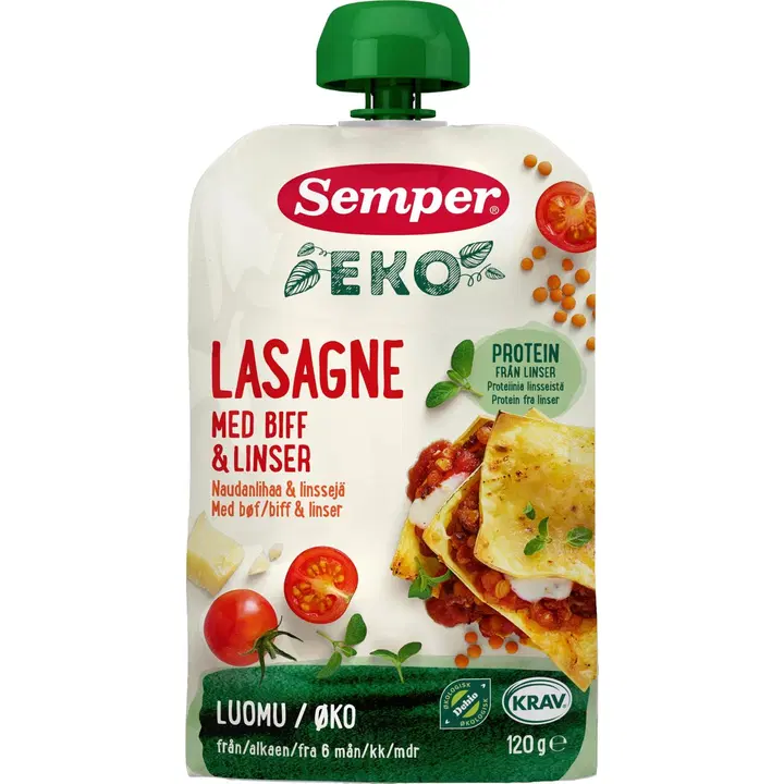 Semper EKO Lasagnea naudanlihaa ja linssejä 6kk luomu lastenateria 120g