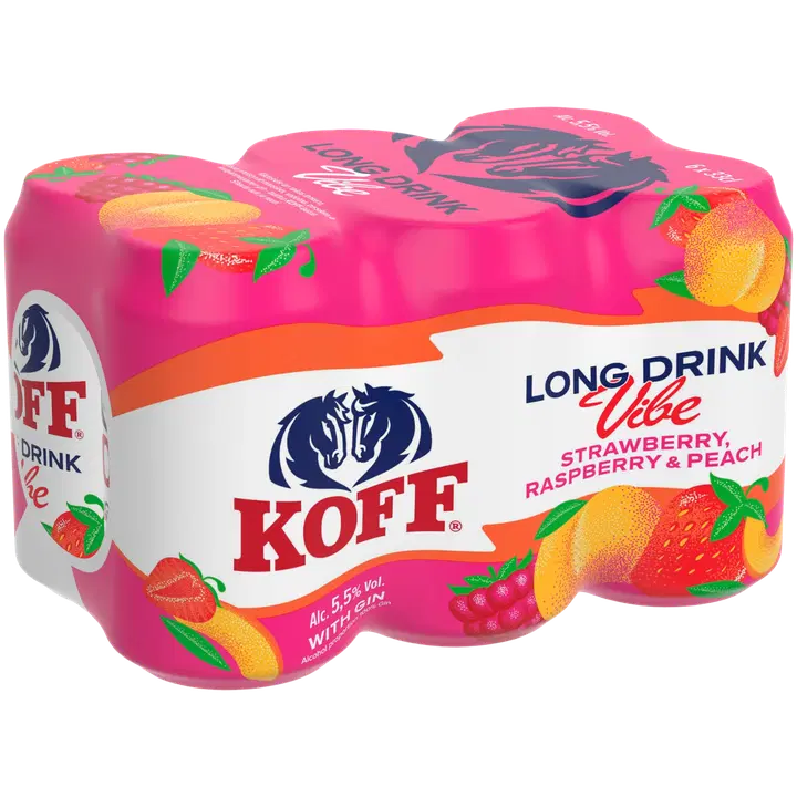 6-pack Koff Long Drink Vibe Strawberry Raspberry Peach long drink 5,5 % tölkki 0,33 L