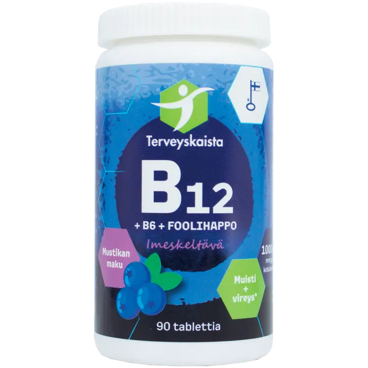 Terveyskaista B12+B6+Foolihappo, imeskeltävä (mustikka) 90 tabl.