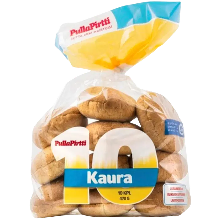 Pulla-Pirtti 10 Kaura sämpylä 10/470g halkaistu laktoositon runsaskuituinen lisäaineeton vehnä-kaurasämpylä