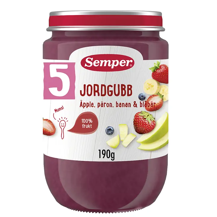 Semper Mansikka, omena, päärynä, banaani & mustikka 5kk hedelmäsose 190g