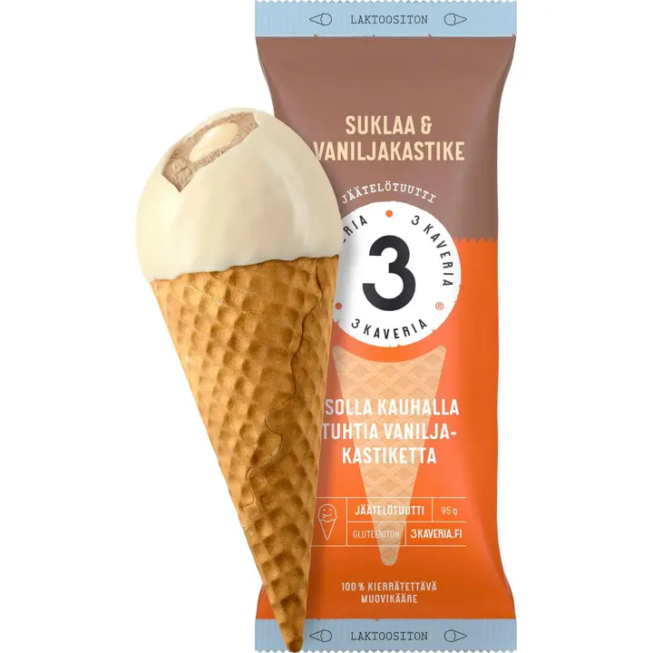 3 Kaveria Laktoositon Suklaa & Vaniljakastike jäätelötuutti 150ml/95g