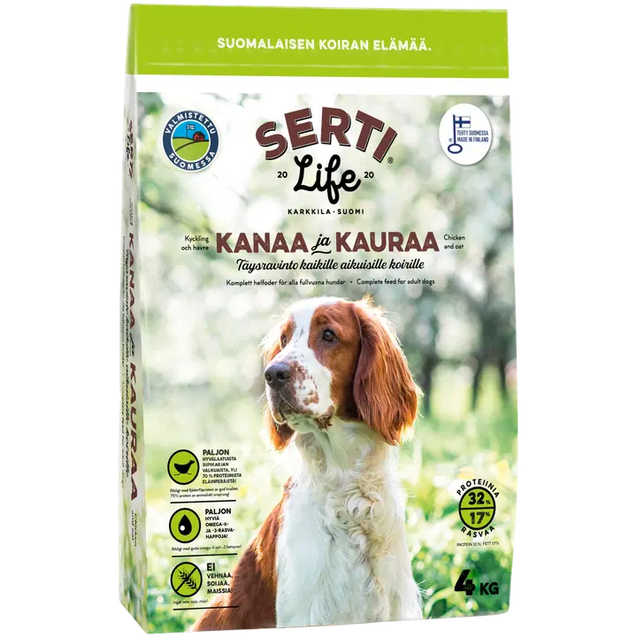 KOTIMAINEN SertiLife Kanaa ja kauraa, täysravinto kaikille aikuisille koirille 4 kg