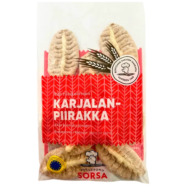 Kotileipomo Sorsa Karjalanpiirakka riisi, 12 kpl, 860 g raakapakaste