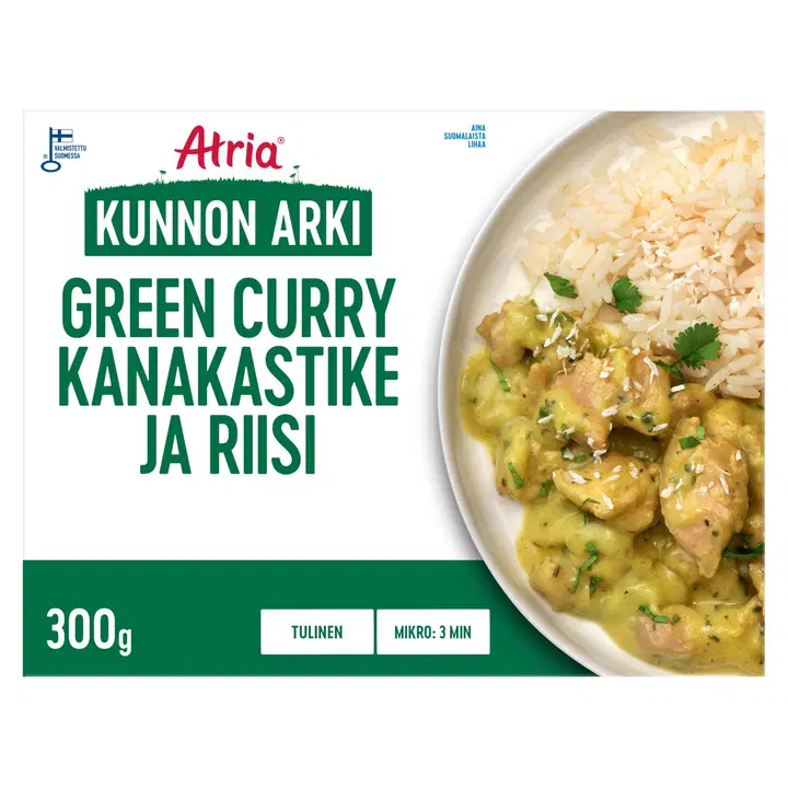 Atria Kunnon Arki Green Curry Kanakastike ja Riisi 300g