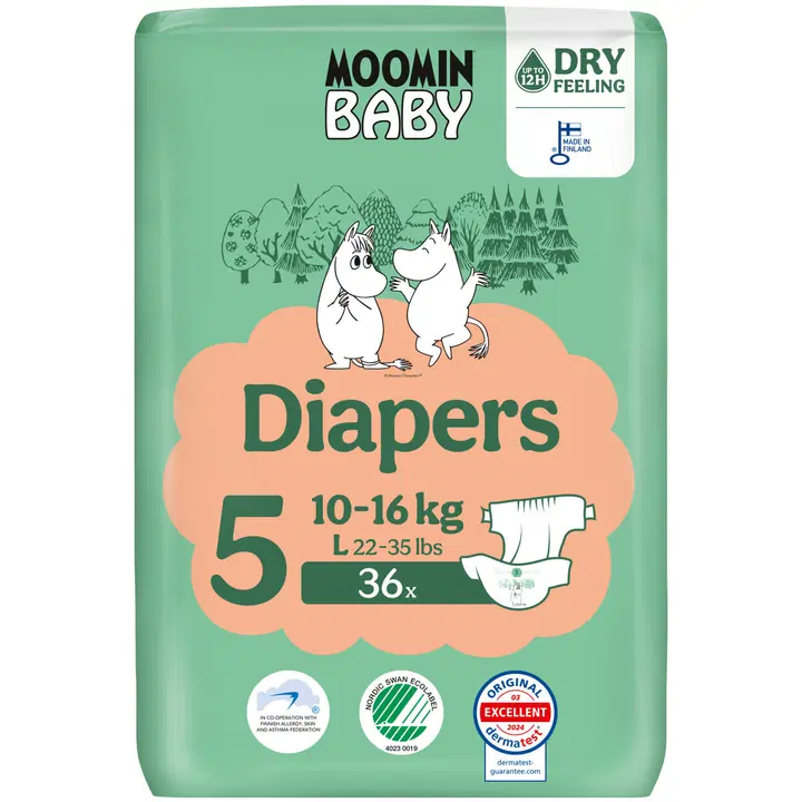 Moomin Baby Diapers teippivaippa koko 5, 36 kpl, 10-16 kg