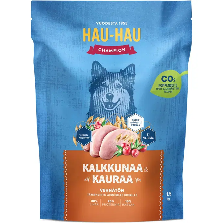 Hau-Hau Champion Kalkkunaa ja kauraa täysravinto aikuisille koirille 1,5 kg