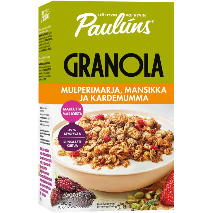 Pauluns mulperimarja, mansikka ja kardemumma granola muromysli 450g