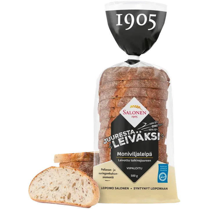 Leipomo Salonen Juuresta leiväksi Moniviljaleipä viipaloitu 500 g moniviljaleipä, viipaloitu