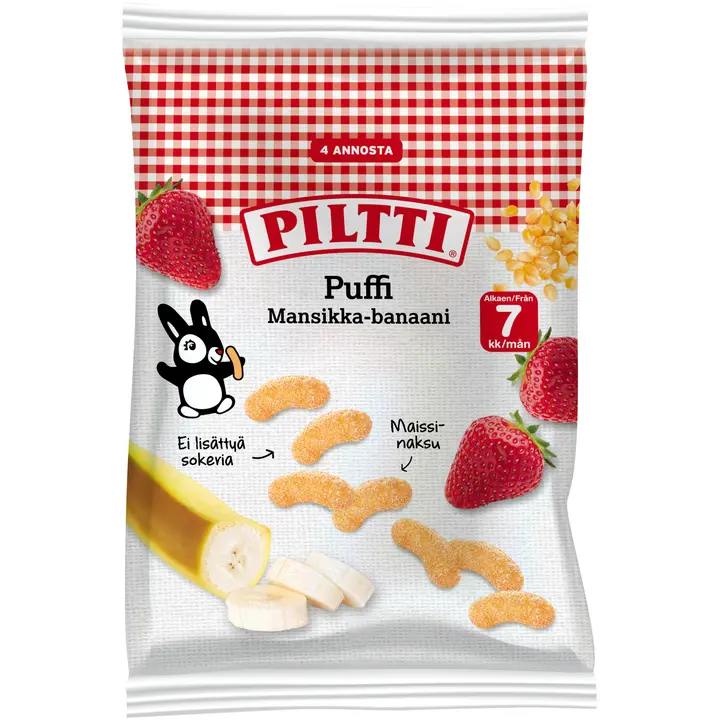 Piltti Puffi 28g Mansikan ja Banaanin makuisia maissinaksuja 7kk