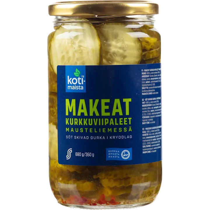 Kotimaista 680g/350g makeat kurkkuviipaleet mausteliemessä