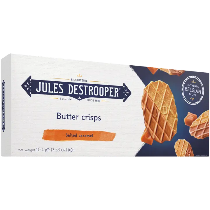 Jules Destrooper Butter Crisp Salted Caramel 100g, Voivohveli päällystetty suolatulla karamelliyhdistelmällä