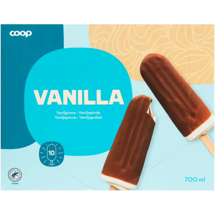 Coop vannillimaitseline jäätis šokolaadikattega, 10 tk, 700 ml / 390 g