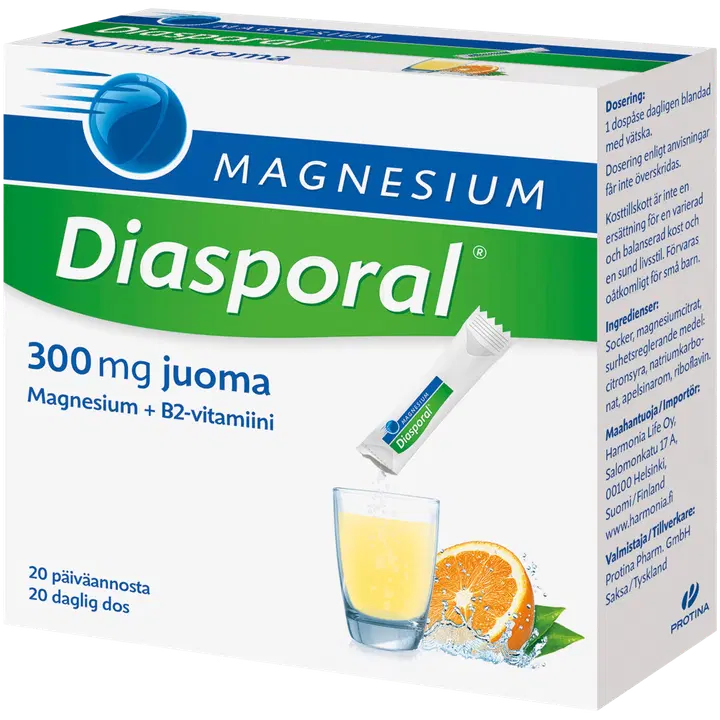 Diasporal appelsiininmakuinen magnesium juomajauhe 300mg ravintolisä 100g/20kpl