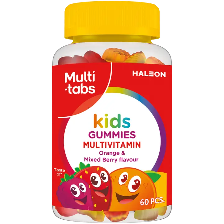 Multi-tabs Kids Gummies Monivitamiini, Appelsiinin ja Marjanmakuinen pehmeä, sokeriton ja pureskeltava monivitamiinivalmiste, 60 kpl