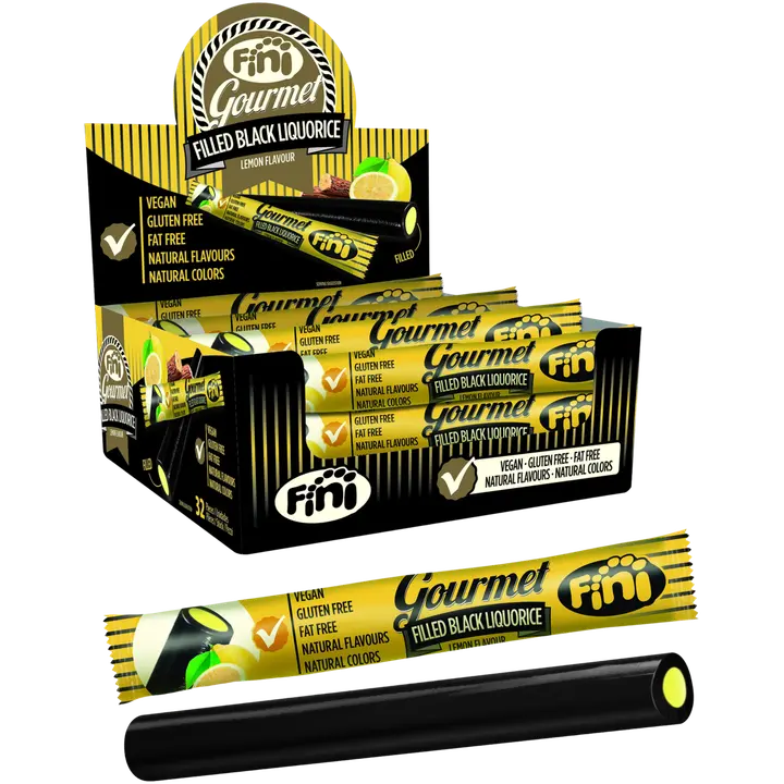 Fini Black liquorice Lemon gluteeniton sitruunanmakuinen täytelakritsipatukka 32g