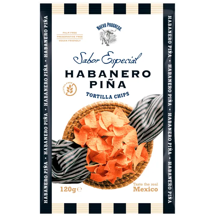 Nuevo Progreso Sabor Especial Habanero Piña Tortilla Chips habaneronmakuiset maissilastut 120g pussi