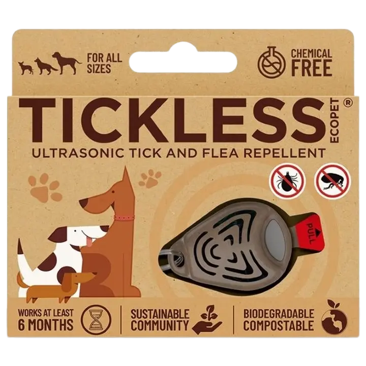 Tickless-ecopet, ultraääni punkkikarkoitin. Tuote ja pakkaus valmistettu kierrätysmateriaaleista.