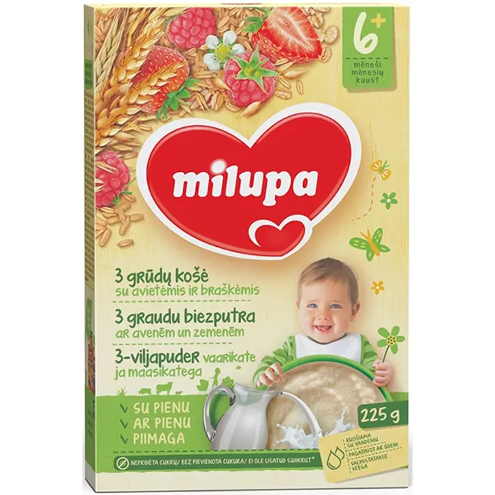 Milupa 3-vilja puder vaarikate ja maasikatega, 6+ 225 g