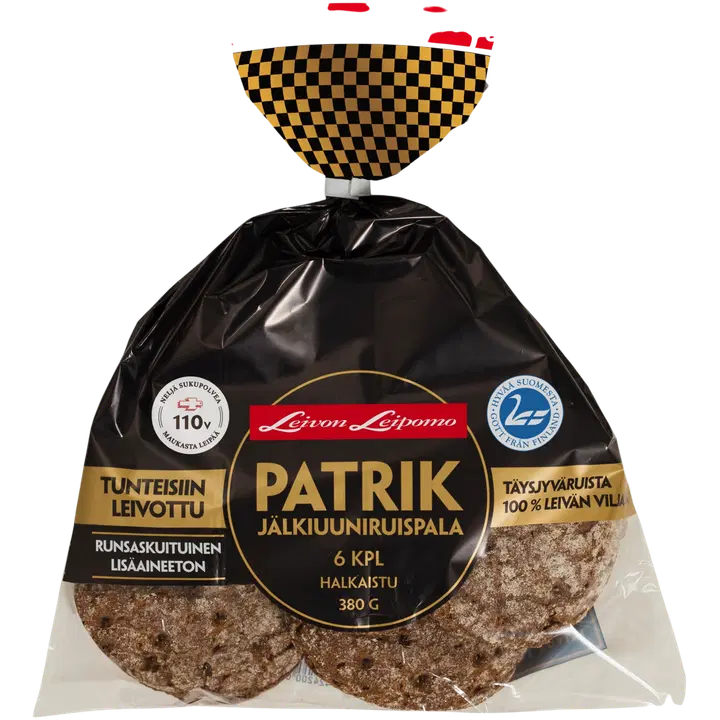 Leivon Leipomo PATRIK Jälkiuuniruispala 380g, 6 kpl jälkiuuniruisleipä halkaistu