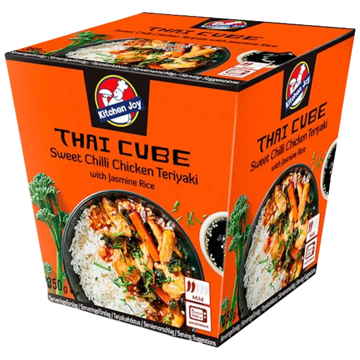 Kitchen Joy Thai Cube Sweet Chili Teriyaki -kanaa ja jasmiiniriisiä pakasteateria 350g