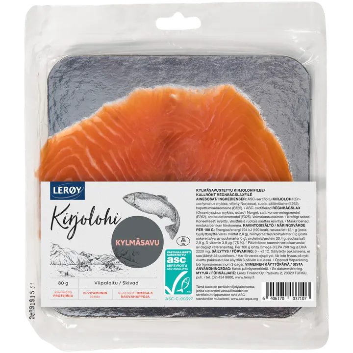 Lerøy kylmäsavustettu kirjolohifilee viipaloitu ASC 80g