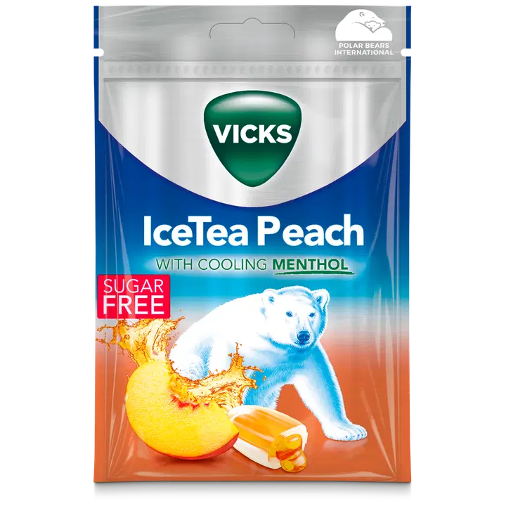 Vicks IceTea Peach sokeriton kurkkupastilli 72g