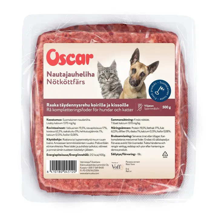 Oscar Nautajauheliha raakapakastettu täydennysravinto koirille ja kissoille 500g