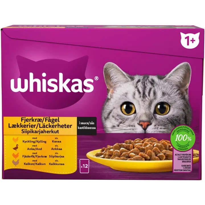 Whiskas 1+ kassitoidu valik linnulihaga kastmes 12x85g
